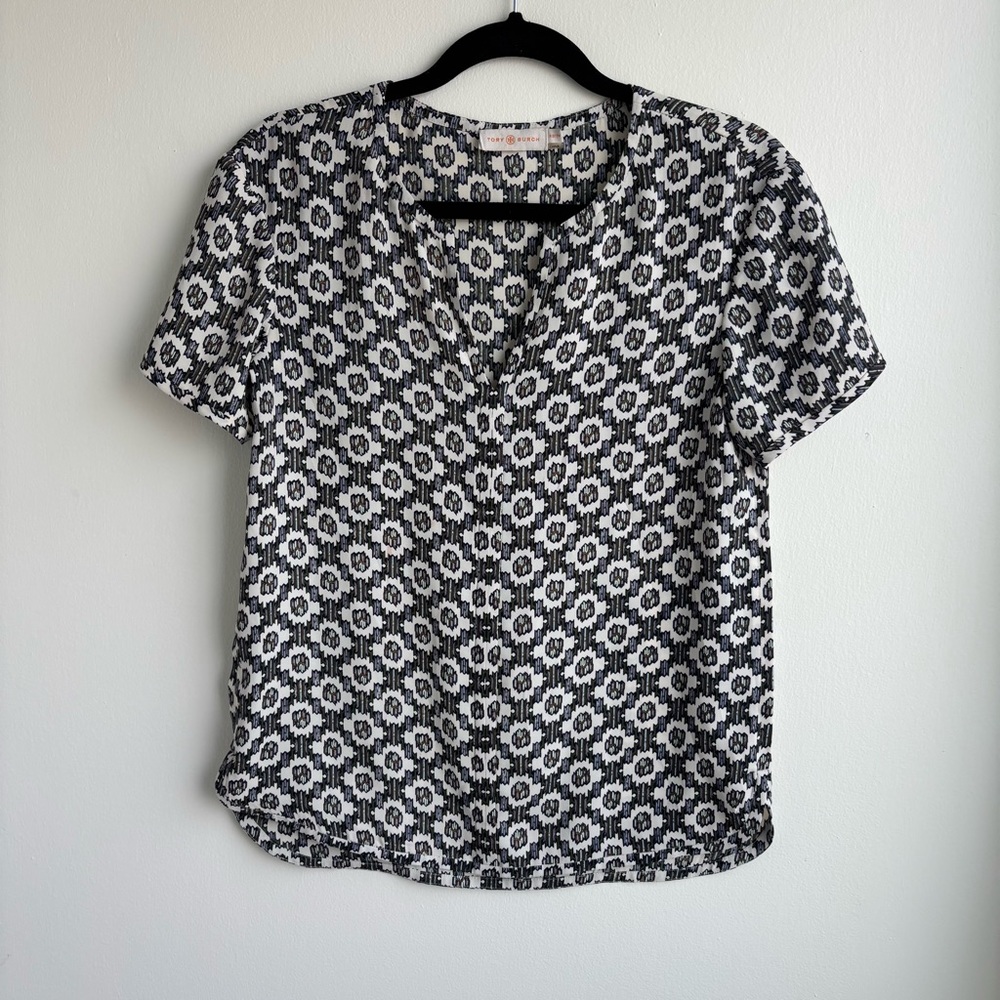 Tory Burch Printed Short Sleeve Blouse Top XS Geometric Navy Green White